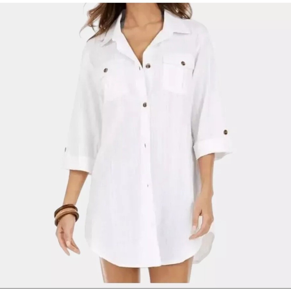 Dotti Womens White Textured Striped Cotton Roll Tab Button Up‎ Shirt Large